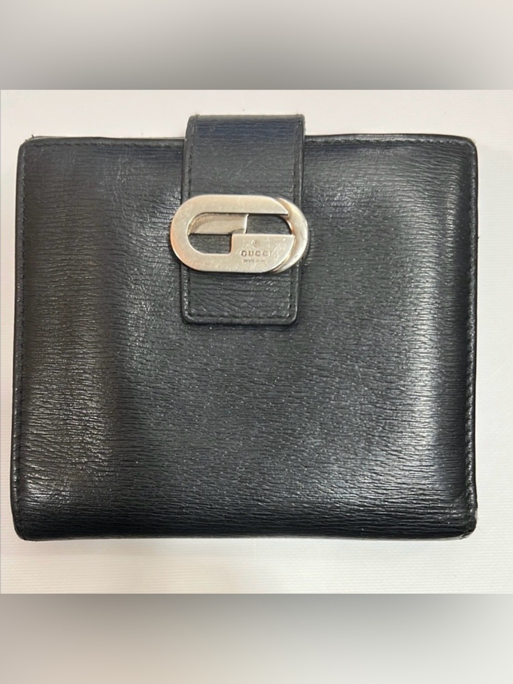 Vintage Tom Ford Gucci Black Bifold Leather Wallet Silver GG